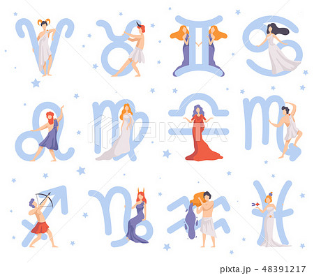 Zodiac Signs Set, Twelve Beautiful Women with Astrological Signs Vector Illustration Zodiac Signs Set, Twelve Beautiful Women with Astrological Signs Vector Illustration 48391217