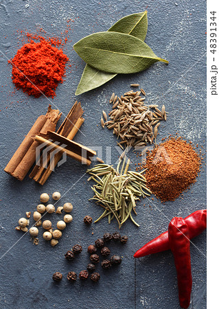 青い背景で撮影したいろいろなスパイスと香辛料 青い背景で撮影したいろいろなスパイスと香辛料 48391344
