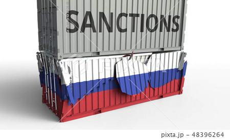 Container with SANCTIONS text breaks cargo container with flag of Russia. Embargo or political 48396264