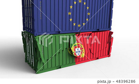 Container with flag of the European Union EU breaks cargo container with flag of Portugal. Trade war 48396286