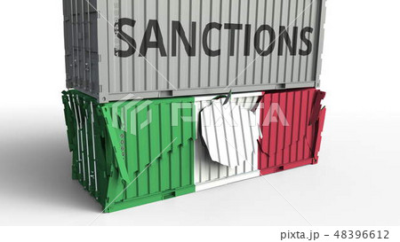 Container with SANCTIONS text breaks cargo container with flag of Italy. Embargo or political export 48396612