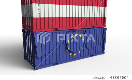 Container with flag of Austria breaks cargo container with flag of the European Union. Trade war or 48397604