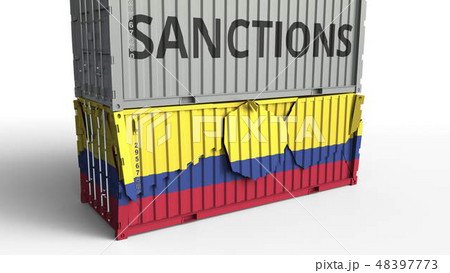 Container with SANCTIONS text breaks cargo container with flag of Colombia. Embargo or political 48397773