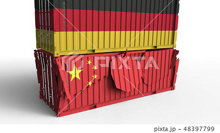 Container with flag of Germany breaks cargo container with flag of China. Trade war or economic Container with flag of Germany breaks cargo container with flag of China. Trade war or economic 48397799