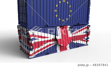 Container with flag of the European Union breaks cargo container with flag of the United Kingdom Container with flag of the European Union breaks cargo container with flag of the United Kingdom 48397841