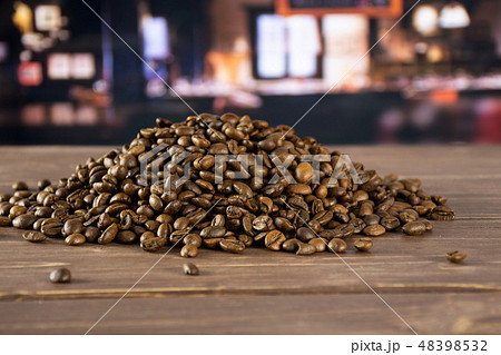 Dark brown coffee beans arabica with restaurant 48398532