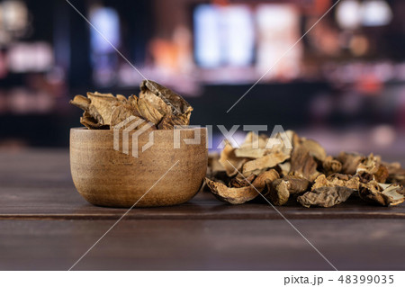 Dry brown mushroom boletus edulis with restaurant Dry brown mushroom boletus edulis with restaurant 48399035
