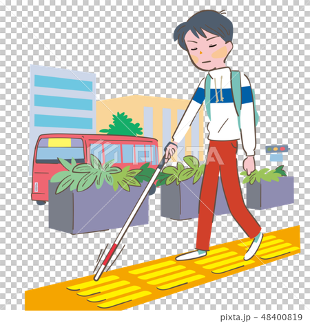 点字ブロックを白杖で確認しながら歩く少年 点字ブロックを白杖で確認しながら歩く少年 48400819