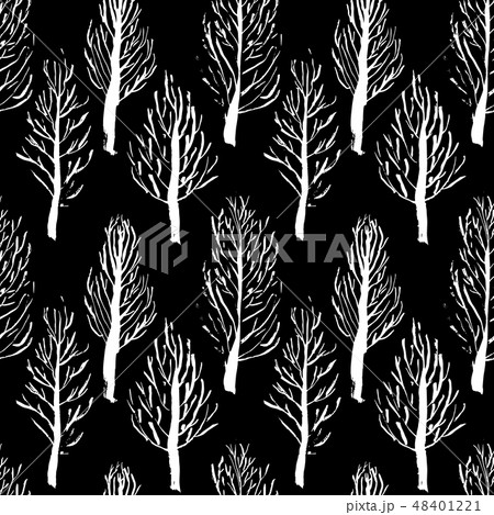 Seamless pattern with naked trees. Hand drawn grunge ink background. Vector illustration. 48401221