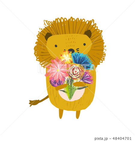 Cute childish hand drawn orange lion with bouquet Cute childish hand drawn orange lion with bouquet 48404701