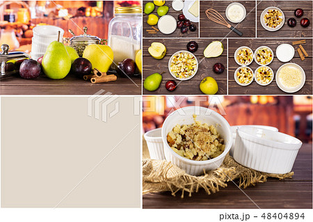 Recipe crumble with fruits on brown wood Recipe crumble with fruits on brown wood 48404894