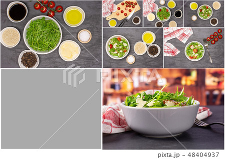 Recipe step by step arugula salad on grey stone Recipe step by step arugula salad on grey stone 48404937