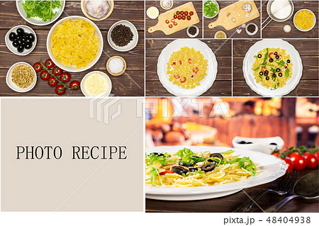 Recipe farfalle with arugula leaves on brown wood 48404938