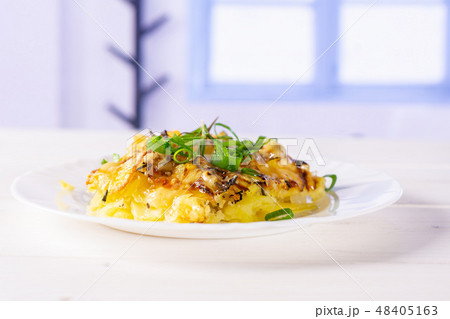 Recipe baked potatoes with onion with blue window Recipe baked potatoes with onion with blue window 48405163
