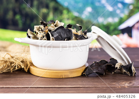 Dry black mushroom jew ear with country nature Dry black mushroom jew ear with country nature 48405326