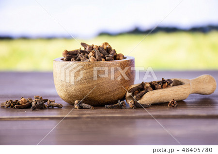 Small dried cloves spice with field behind Small dried cloves spice with field behind 48405780