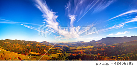 Panoramic view of autumn mountain valley. Panoramic view of autumn mountain valley. 48406295