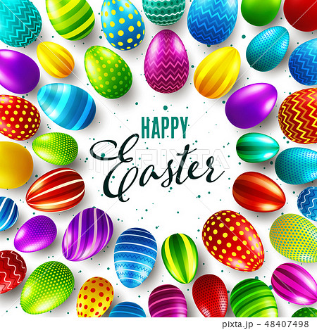 Easter background with realistic painted eggs. Spring egg hunt. Happy holiday greeting card with Easter background with realistic painted eggs. Spring egg hunt. Happy holiday greeting card with 48407498