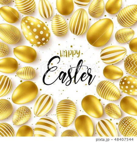 Easter background with realistic golden eggs. Spring egg hunt. Happy holiday greeting card with text Easter background with realistic golden eggs. Spring egg hunt. Happy holiday greeting card with text 48407544