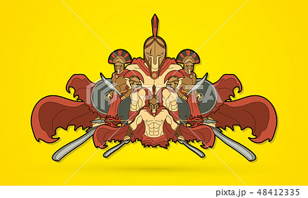 Group of Spartan warriors, Roman Helmet vector 48412335