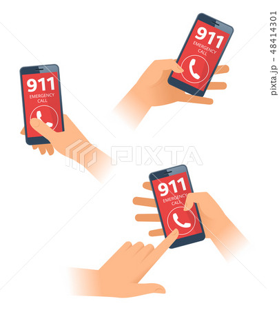 The hands dial 911 number on the smartphone. 48414301