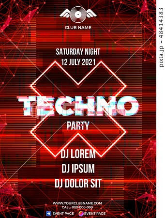 Glitch party poster with blue background and triangle for techno 48414383