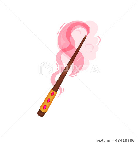 Wooden magic wand decorated with gold and gemstones. Stick with pink magical glow. Flat vector icon Wooden magic wand decorated with gold and gemstones. Stick with pink magical glow. Flat vector icon 48418386