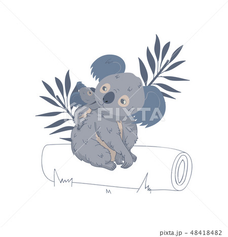 Lovely vector design of koala mother with baby on back sitting on tree trunk. Australian bear. Wild Lovely vector design of koala mother with baby on back sitting on tree trunk. Australian bear. Wild 48418482