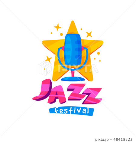 Bright emblem for jazz festival. Colorful emblem with star and retro microphone. Musical theme. Flat Bright emblem for jazz festival. Colorful emblem with star and retro microphone. Musical theme. Flat 48418522