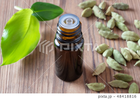 A bottle of cardamon essential oil with cardamon 48418816