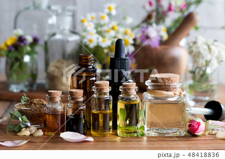 Selection of essential oils with herbs and flowers Selection of essential oils with herbs and flowers 48418836