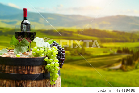 Red wine bottle and wine glass on wodden barrel 48419499