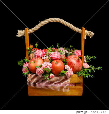 Unique gift wooden box with flowers and fruits Unique gift wooden box with flowers and fruits 48419747