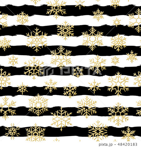 Seamless pattern design. Gold glittering snowflakes on black and white striped background. EPS 10 48420183