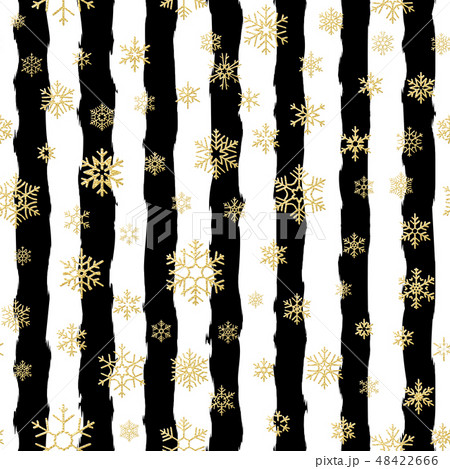 Seamless pattern design. Gold glittering snowflakes on black and white striped background. EPS 10 48422666
