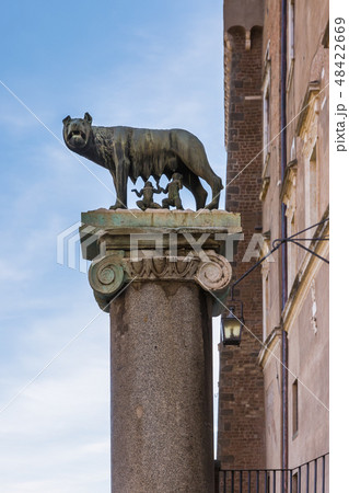 Column with ancient capitoline Wolf statue in Rome Column with ancient capitoline Wolf statue in Rome 48422669