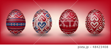 Red Paschal eggs decorated with knitting patterns 48423408