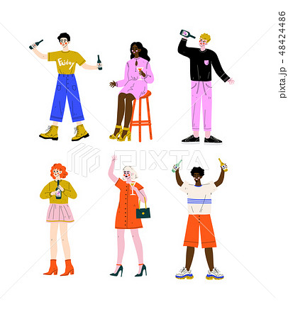 Drunk People Set, Young Women and Men Standing with Glasses and Bottles of Alcohol Drinks Vector 48424486