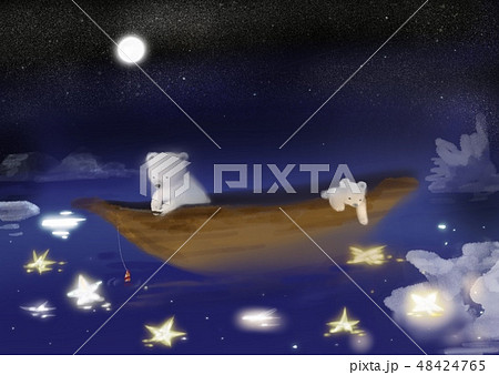 しろくま親子星降る夜に北極海をカヌーで冒険するのイラスト素材