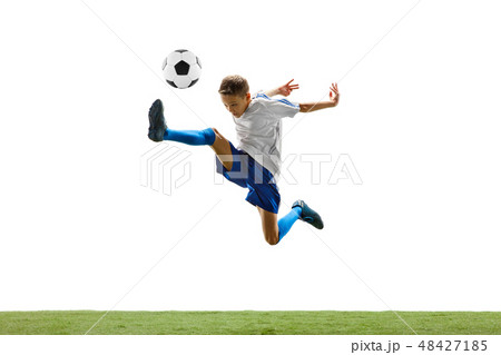 Young boy with soccer ball isolated on white. football player Young boy with soccer ball isolated on white. football player 48427185