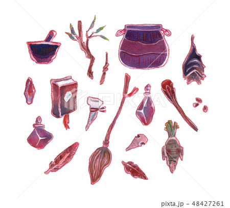 Watercolor hand drawn witchcraft items on white 48427261