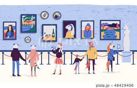 People enjoying artworks in flat cartoon style. Visitors of classic art gallery vector illustration 48429406