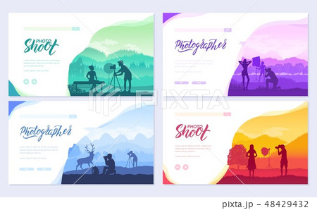 photoshoot ideas in nature brochure cards set. The photographer takes pictures of the girl template 48429432