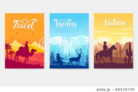 Different riders of the world vector brochure cards set. Colorful landscape template of flyer 48429740