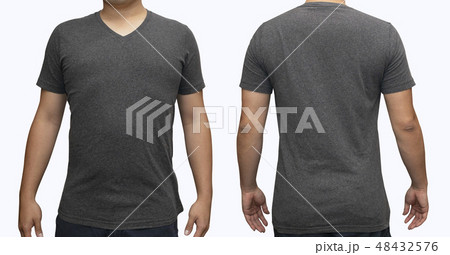Grey blank v-neck t-shirt on human body 48432576