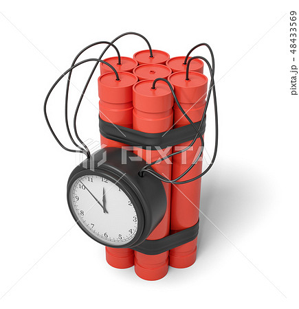 3d rendering of a bundle of dynamite sticks with a clock attached to the side of it on a white 48433569