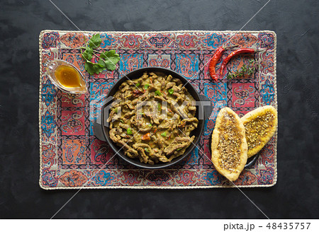 Spicy beef stir-fry. Beef slices in curry sauce. Spicy beef stir-fry. Beef slices in curry sauce. 48435757