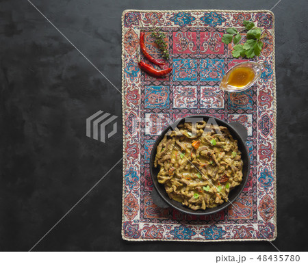 Asian beef thin slices in curry sauce. Top view. 48435780