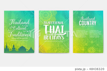 Traditional style brochure pages. Flyer for travel around the thai country. Architecture and animals 48436320