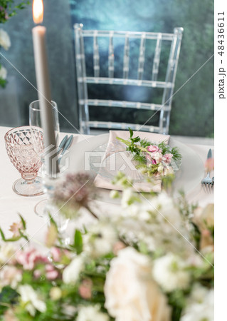 Floral decoration for wedding ceremony romance dining. Wedding banquet , festive decor. Bouquet from Floral decoration for wedding ceremony romance dining. Wedding banquet , festive decor. Bouquet from 48436611